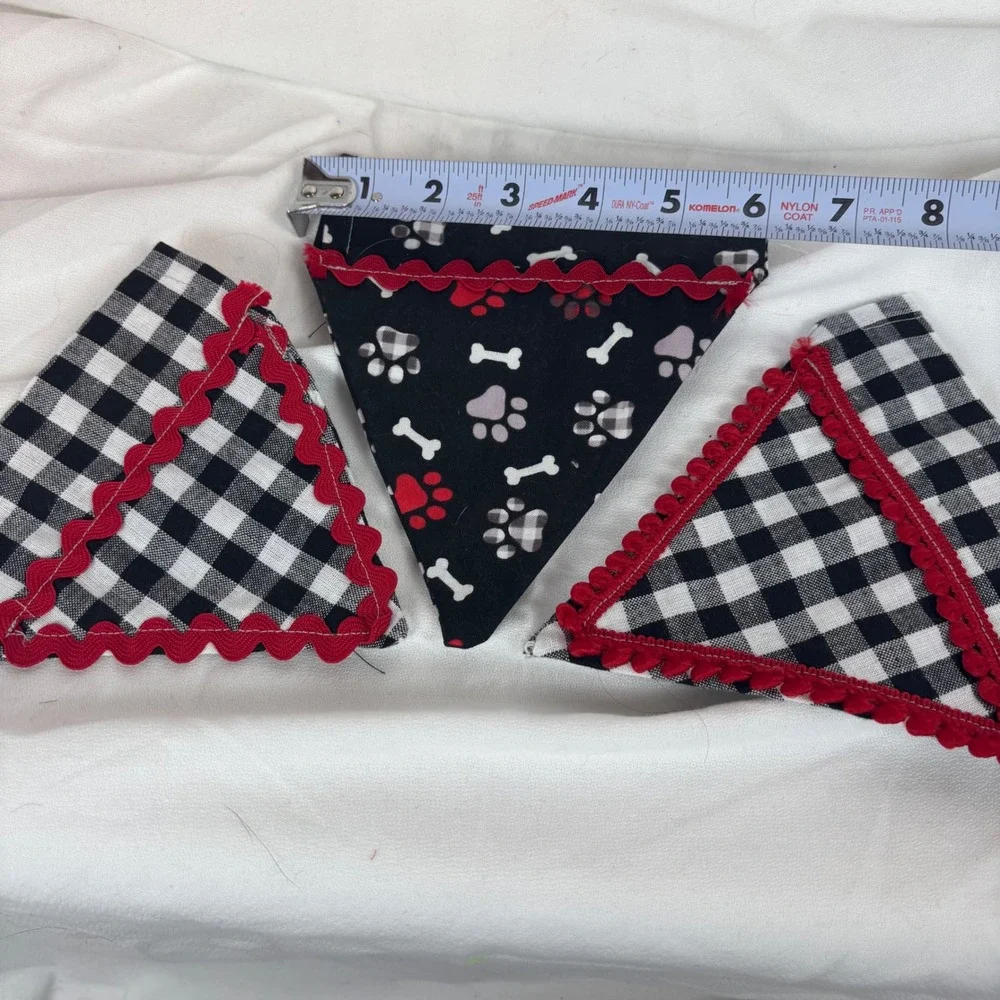 Set of 3 Handmade Dog Bandanas Over the Collar Buffalo Plaid Paw Print Red Trim